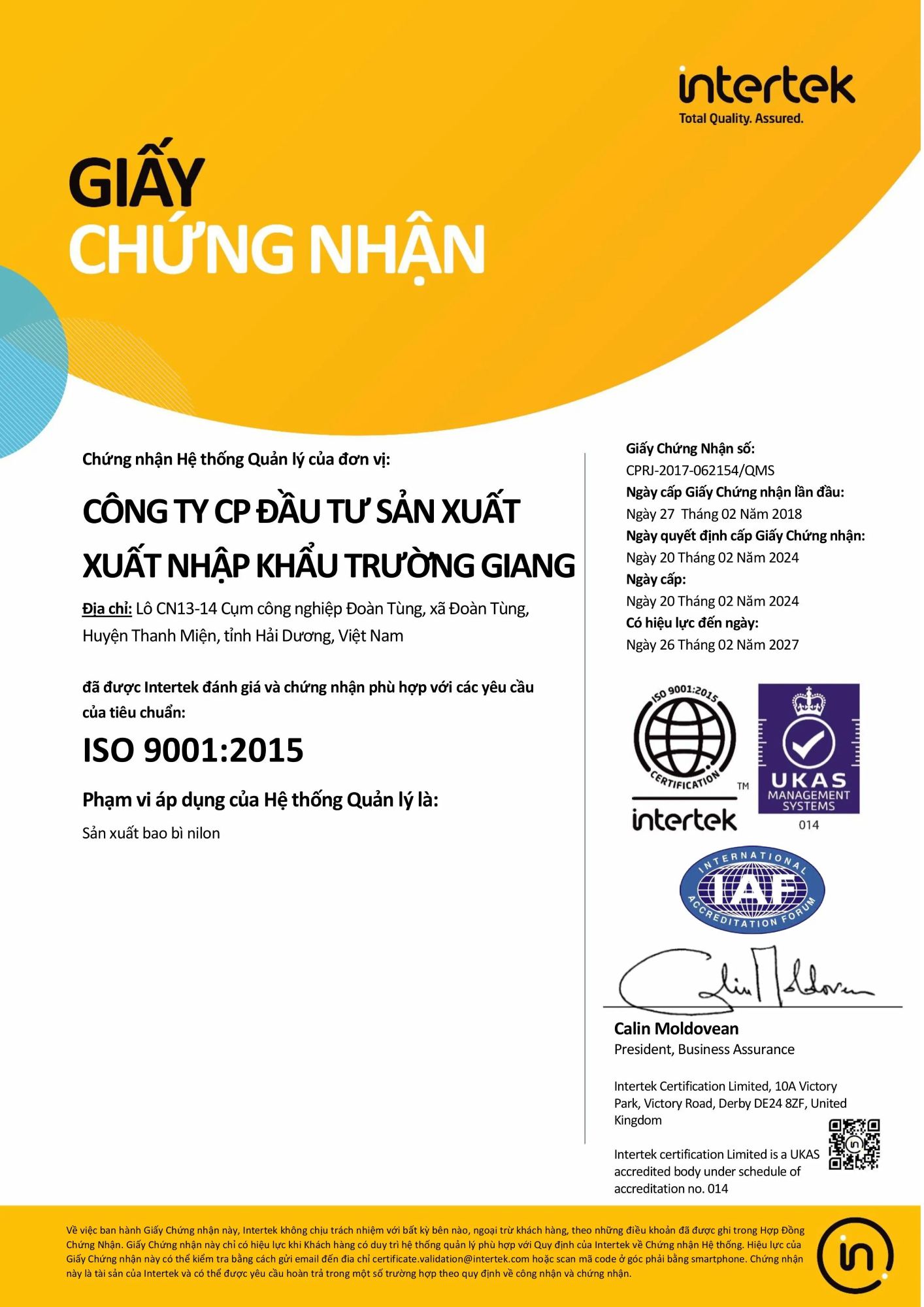 Chứng nhận ISO 9001-2015